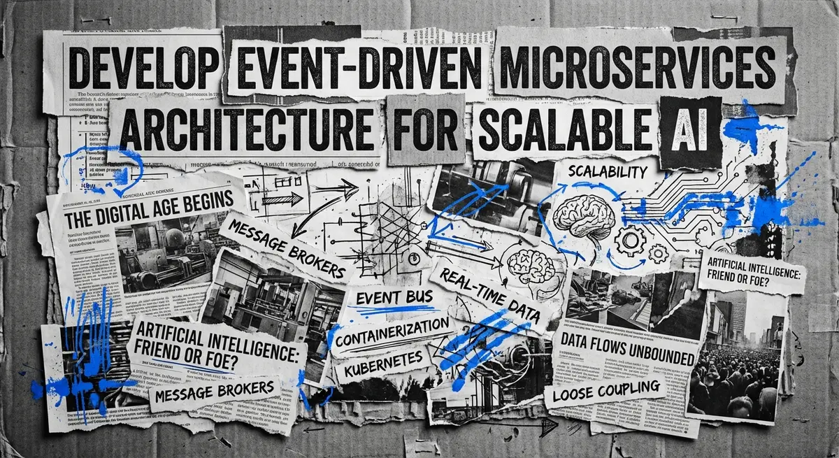 Develop event-driven microservices architecture artistic collage with electric blue accents