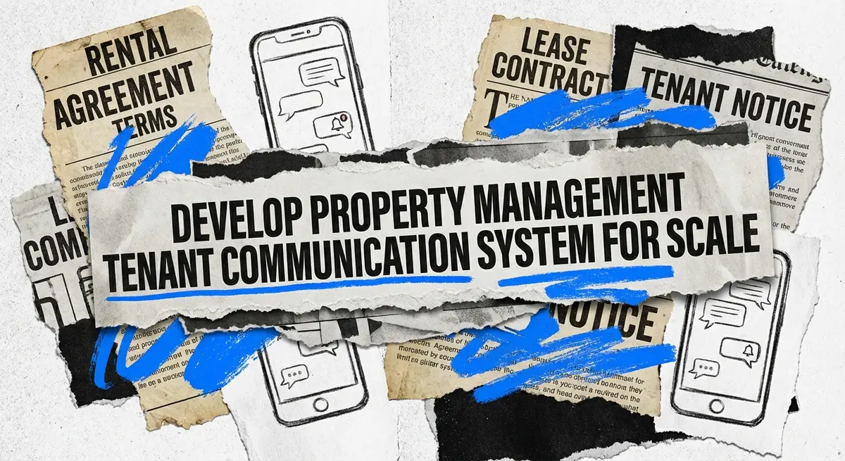 Develop property management tenant communication system collage with electric blue accents and torn paper style