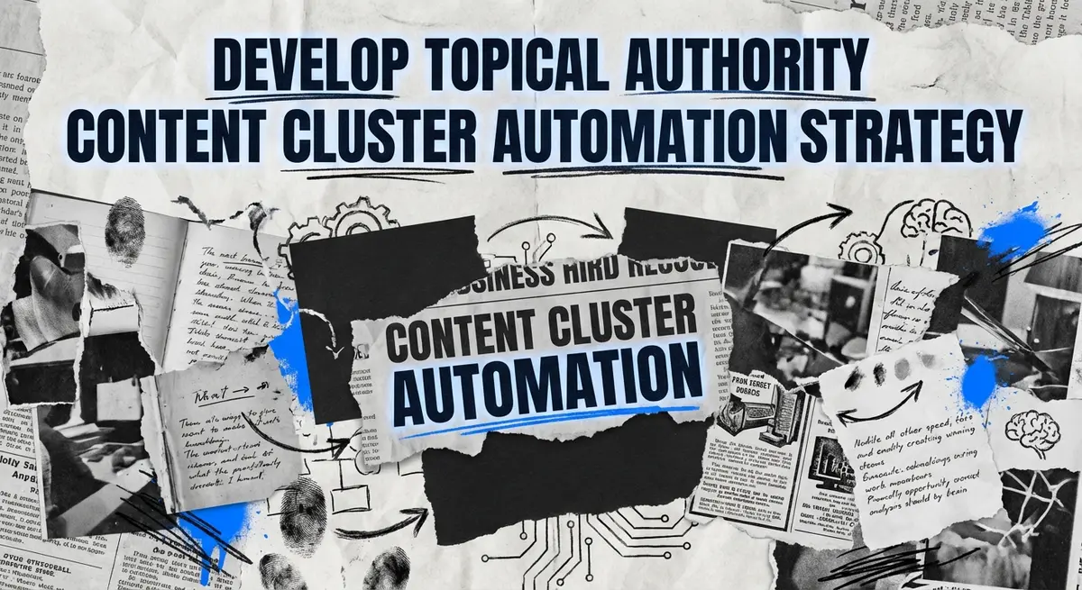 Develop Topical Authority Content Cluster Automation collage style with digital elements