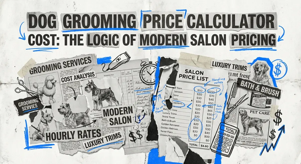 Dog grooming price calculator cost concept art using torn paper style with blue accents