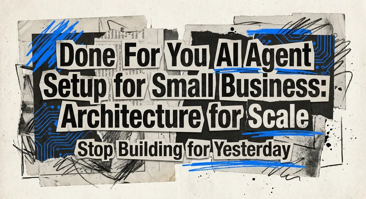 Done for you AI agent setup for small business collage art with torn paper and electric blue accents