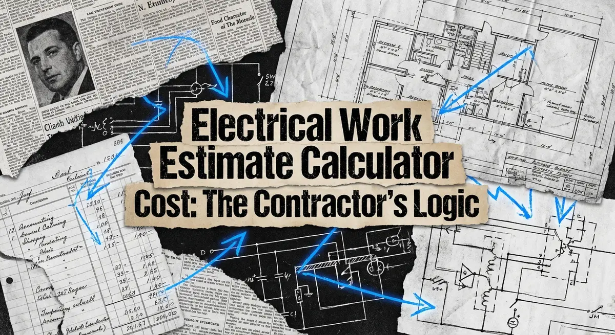 Electrical work estimate calculator cost concept art with torn paper and blueprints