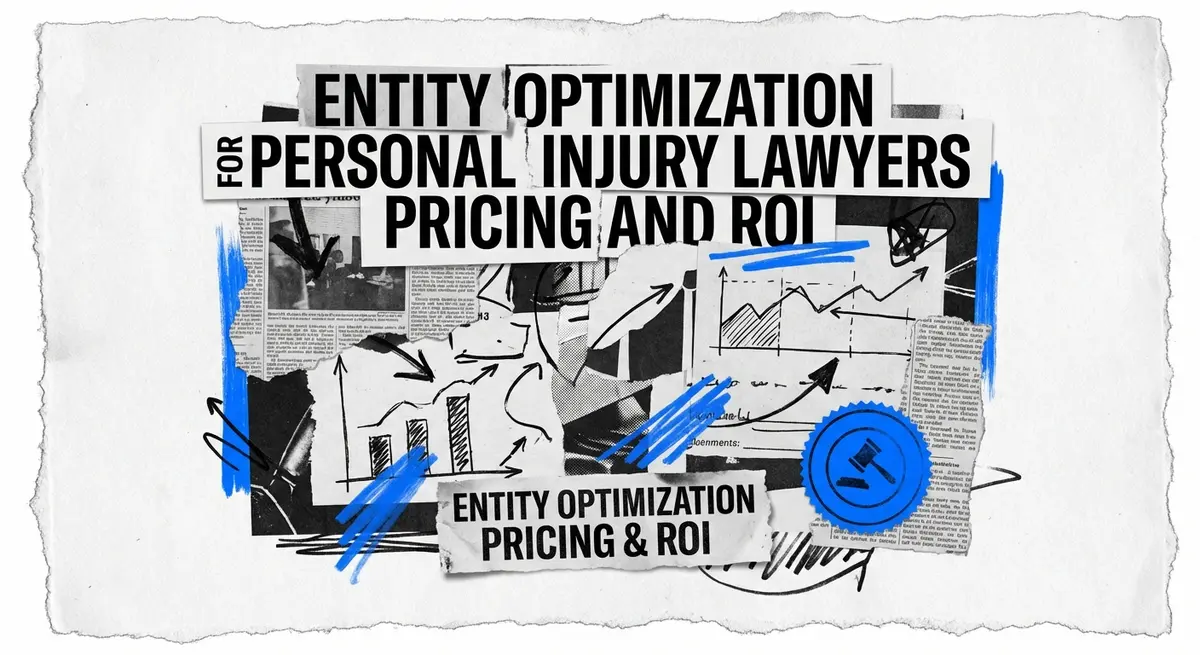 Torn paper collage featuring entity optimization for personal injury lawyers pricing concepts with electric blue accents