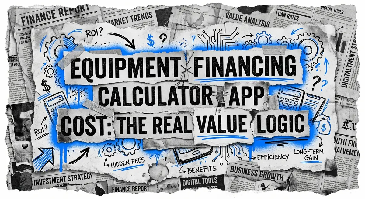 Equipment financing calculator app cost collage with torn paper and blue accents