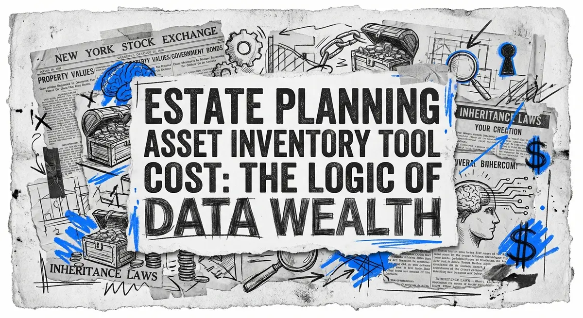 Estate planning asset inventory tool cost conceptual art with torn paper and blue accents