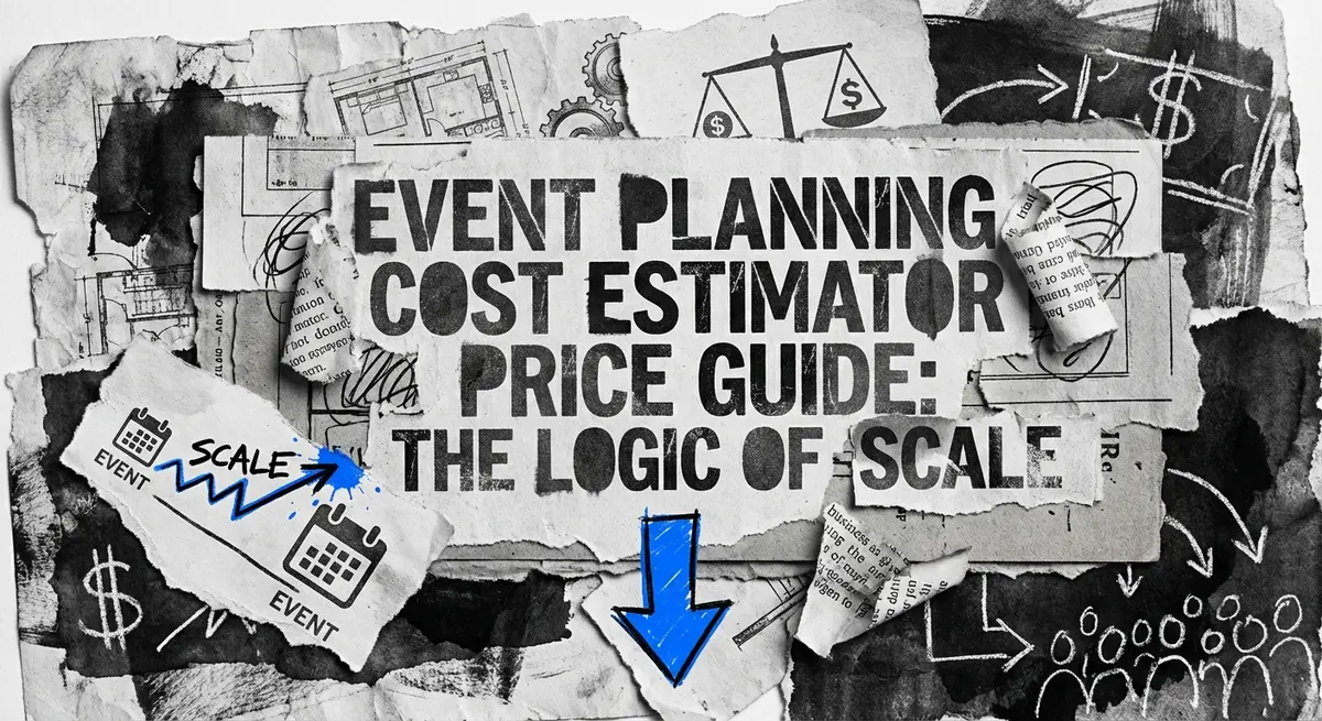 Event Planning Cost Estimator Price Guide collage with torn paper and electric blue accents