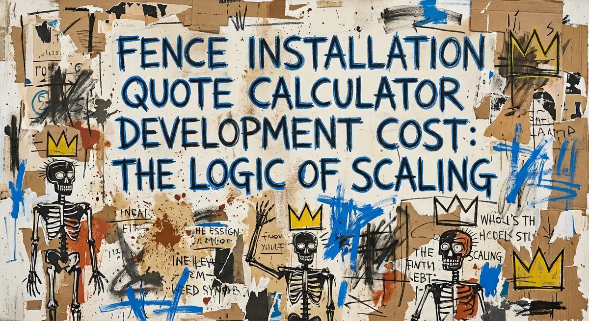 Basquiat style artwork featuring fence installation quote calculator development cost text with electric blue accents