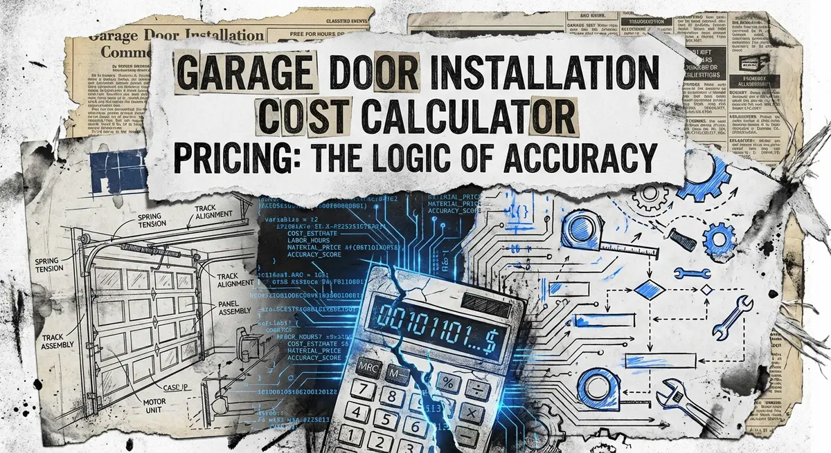 Garage door installation cost calculator pricing logic visualized as a torn paper collage with digital overlays