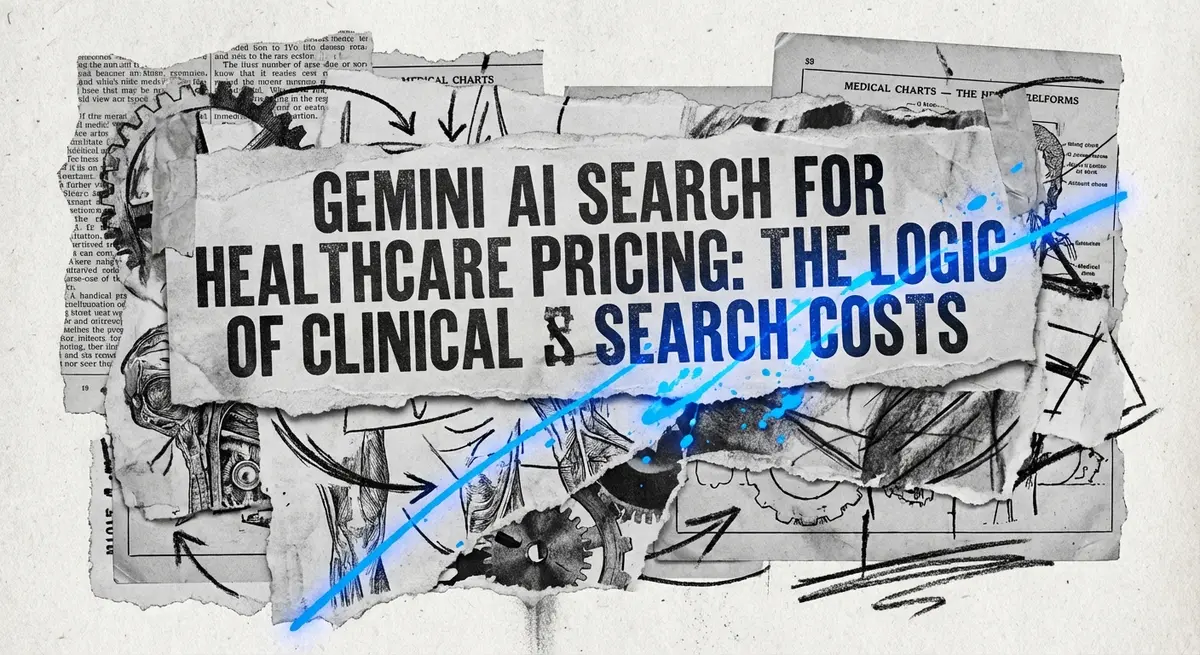 Gemini AI Search for Healthcare Pricing collage with torn paper and blue accents