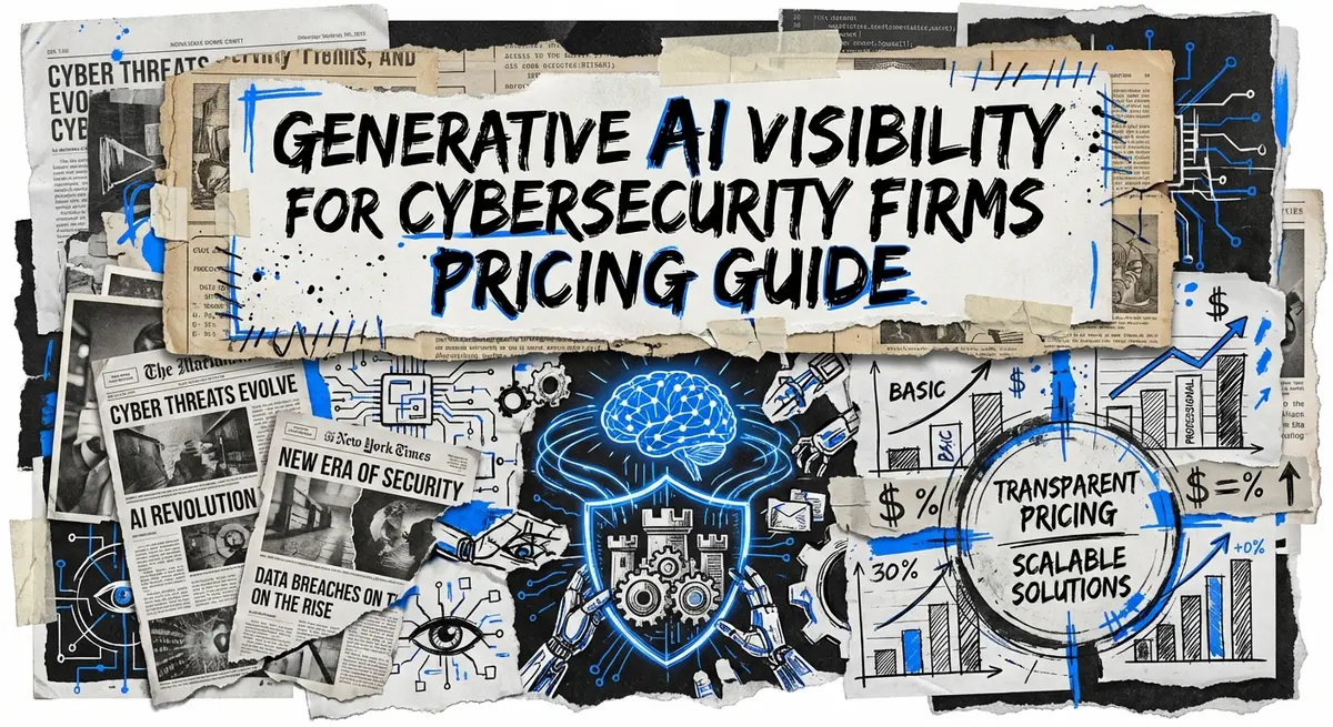 Generative AI visibility for cybersecurity firms pricing guide torn paper collage
