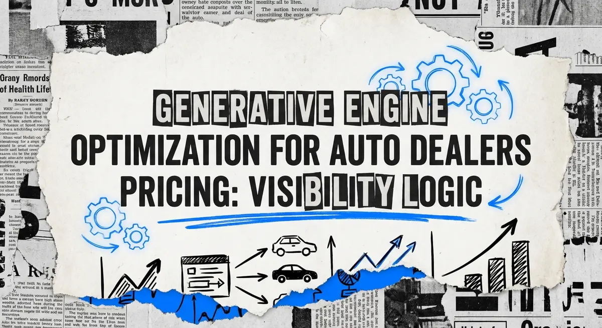 Generative Engine Optimization for Auto Dealers Pricing collage with torn paper and #0066FF accents