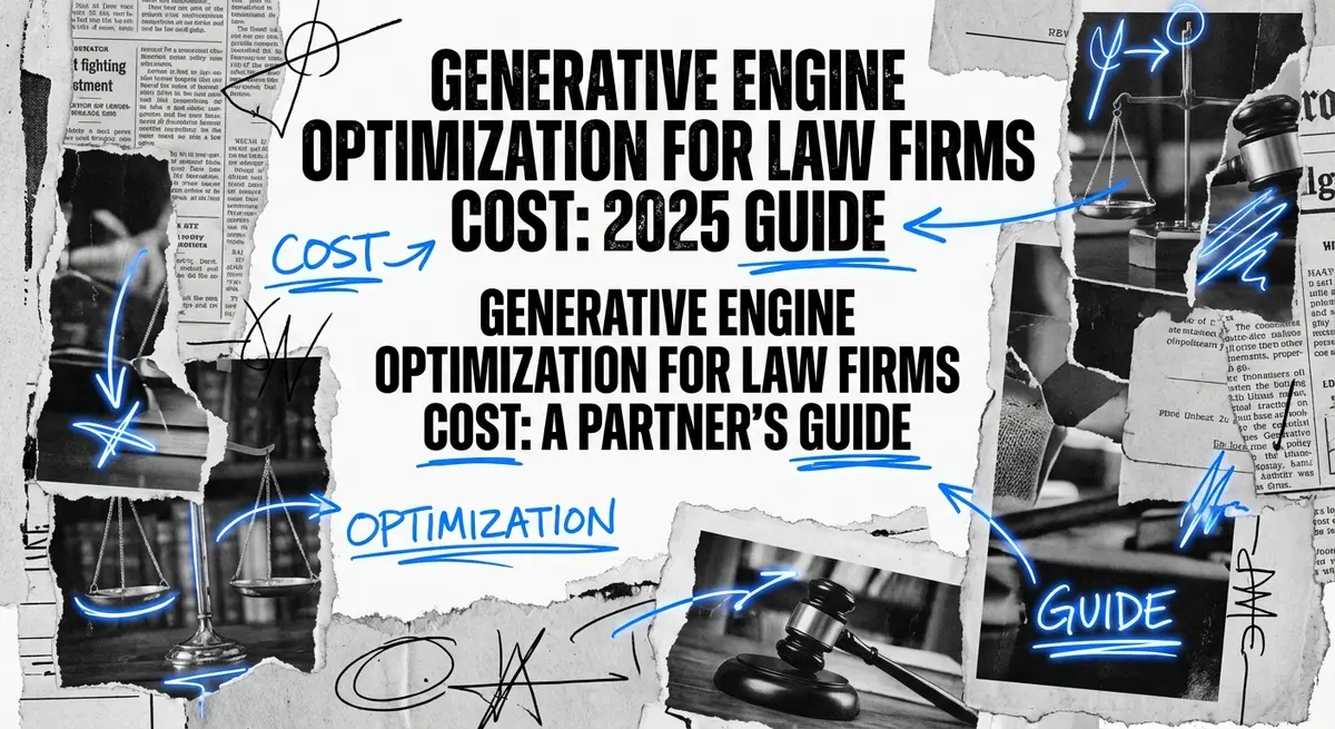 Generative engine optimization for law firms cost guide showing torn paper aesthetic with electric blue accents