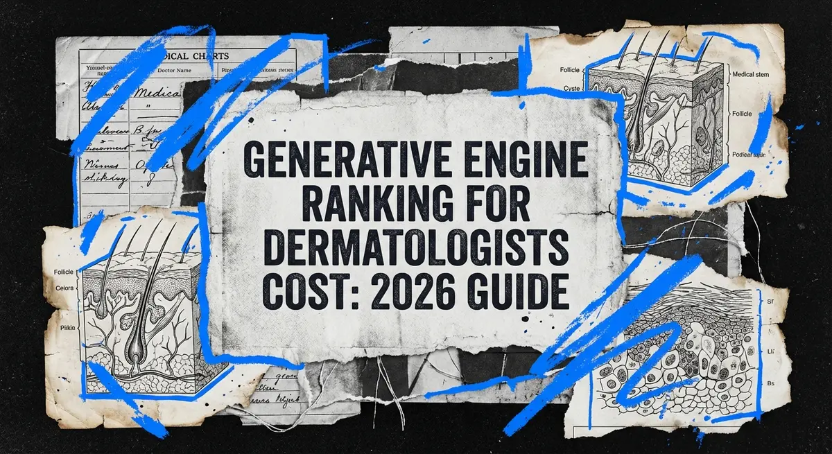 Generative engine ranking for dermatologists cost guide collage with torn paper and electric blue accents