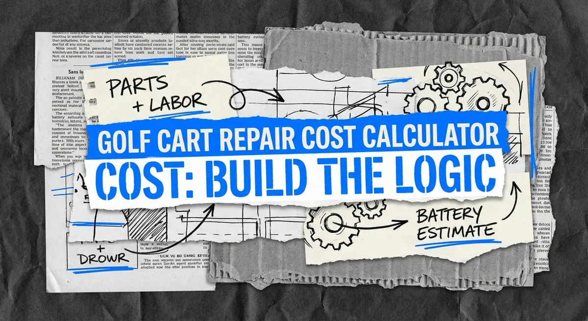 Golf cart repair cost calculator logic visualization with torn paper aesthetic