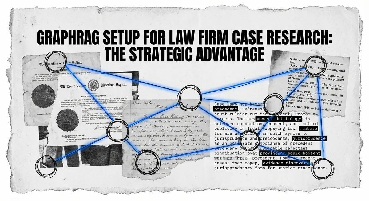 GraphRAG setup for law firm case research featuring torn legal documents and electric blue network connections