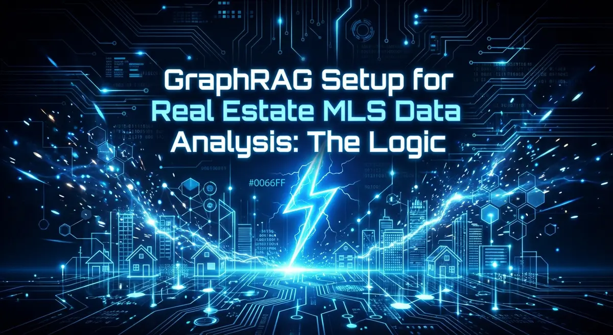 GraphRAG setup for real estate MLS data analysis visualized as a digital lightning bolt striking a knowledge graph network