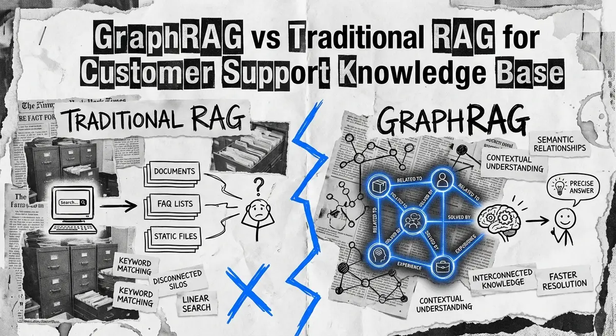 GraphRAG vs Traditional RAG for Customer Support Knowledge Base torn paper collage style