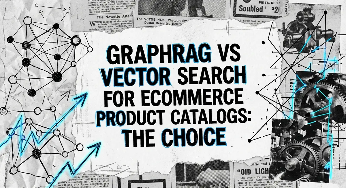 GraphRAG vs Vector Search for e-commerce product catalogs torn paper collage with blue accents
