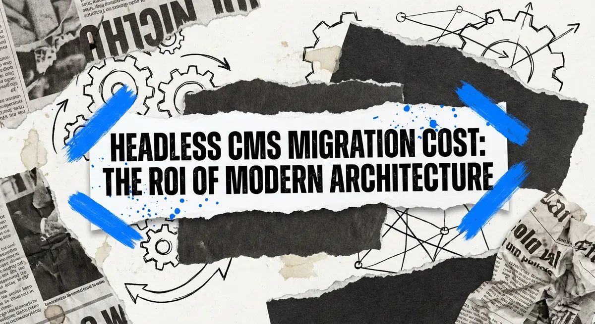 Headless CMS migration cost collage with torn paper and electric blue accents