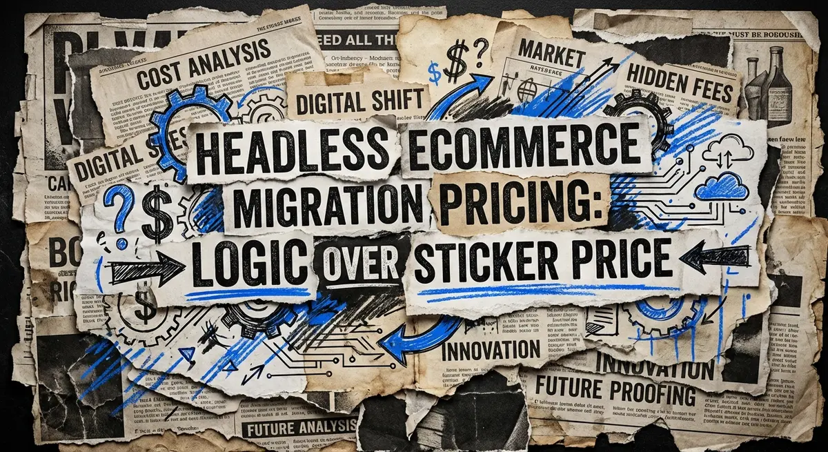 Headless Ecommerce Migration Pricing collage with torn paper and electric blue accents