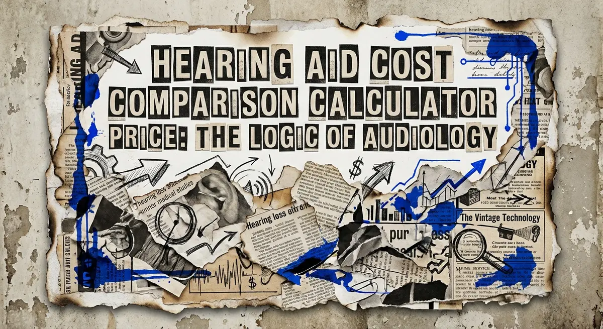 Torn paper collage art featuring Hearing Aid Cost Comparison Calculator Price title with electric blue accents