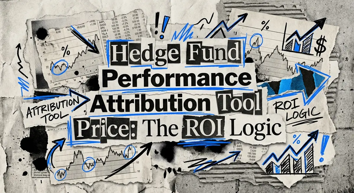 Hedge fund performance attribution tool price concept art with torn paper and electric blue accents