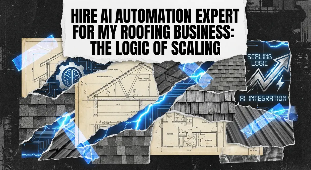 Torn paper collage featuring the text Hire AI automation expert for my roofing business: The Logic of Scaling with electric blue accents