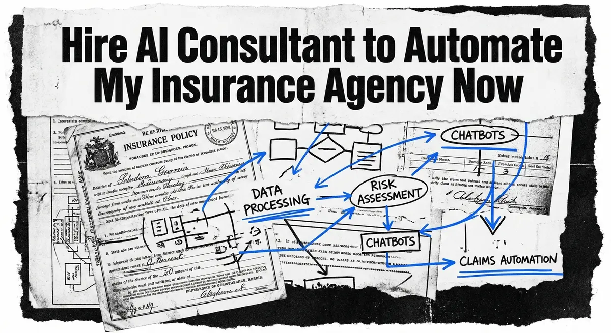 Hire an AI Consultant to Automate My Insurance Agency collage with torn paper and electric blue accents