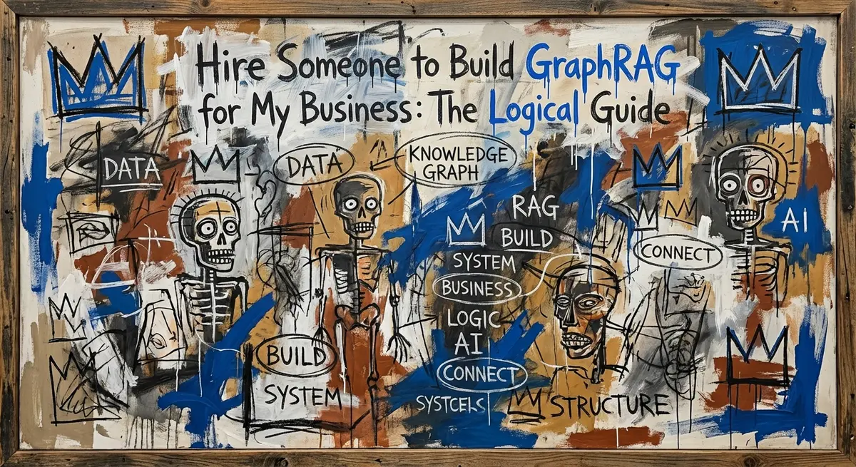 Neo-expressionist art featuring the text Hire Someone to Build GraphRAG for My Business with blue accents