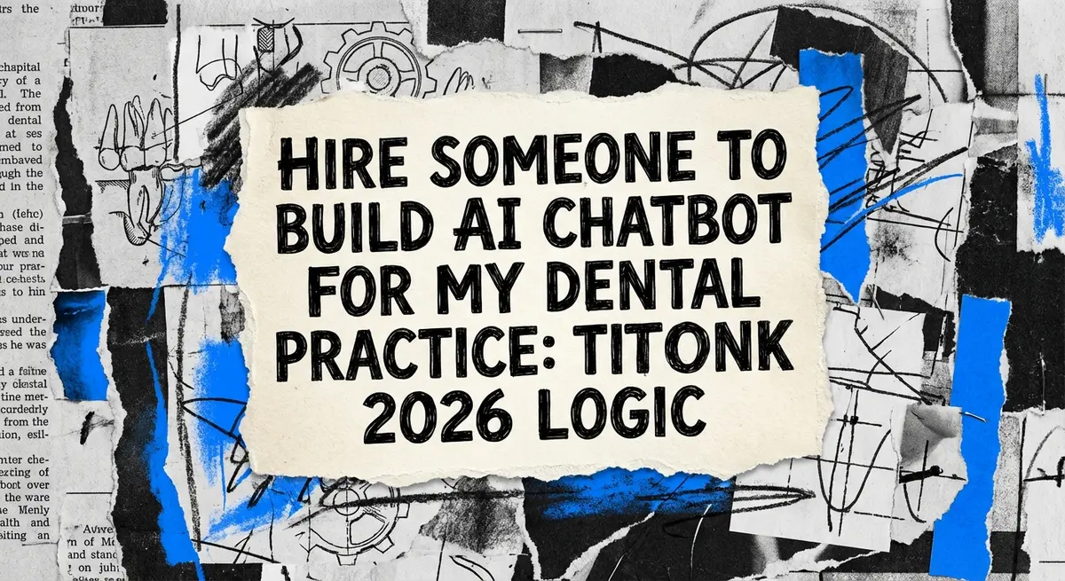 Torn paper collage featuring the text Hire Someone to Build AI Chatbot for Your Dental Practice with electric blue accents