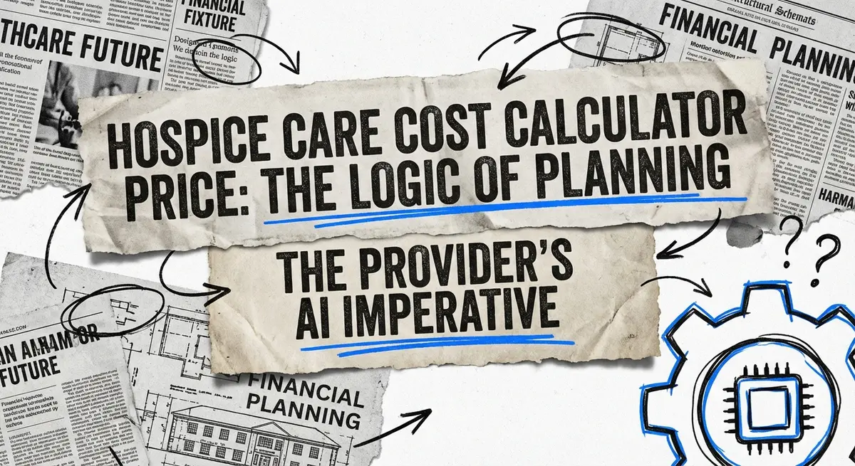 Hospice Care Cost Calculator Price abstract collage with torn paper and blue accents