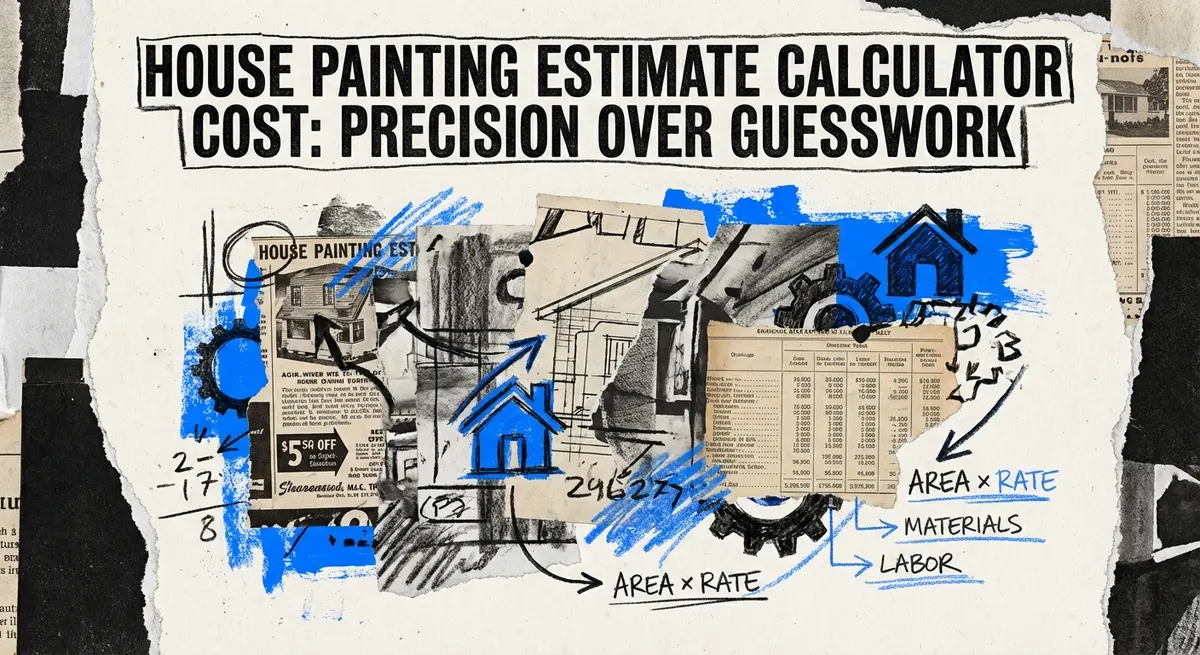 House painting estimate calculator cost concept art with torn paper and electric blue accents