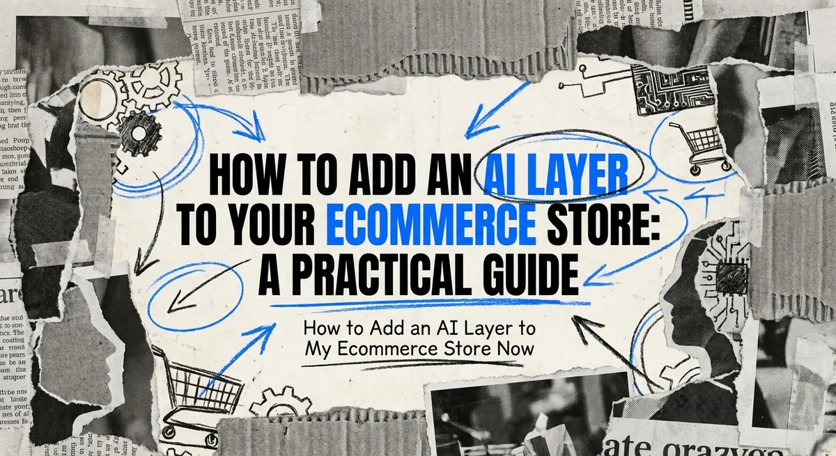 Torn paper collage featuring the title How To Add An AI Layer To Your Ecommerce Store with electric blue accents