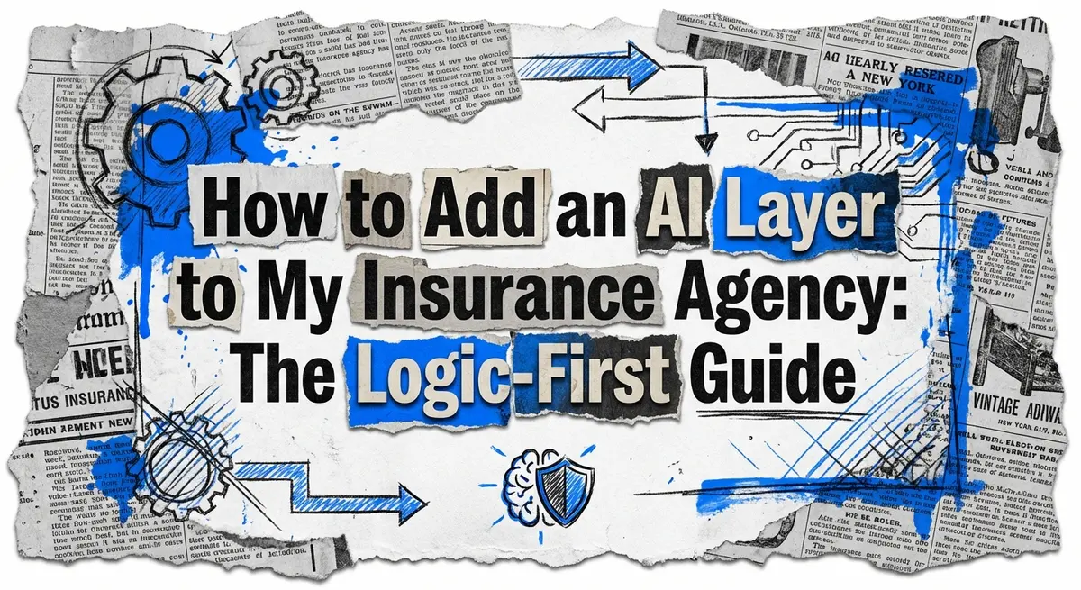 Torn paper collage featuring the text How to Add an AI Layer to My Insurance Agency with electric blue accents