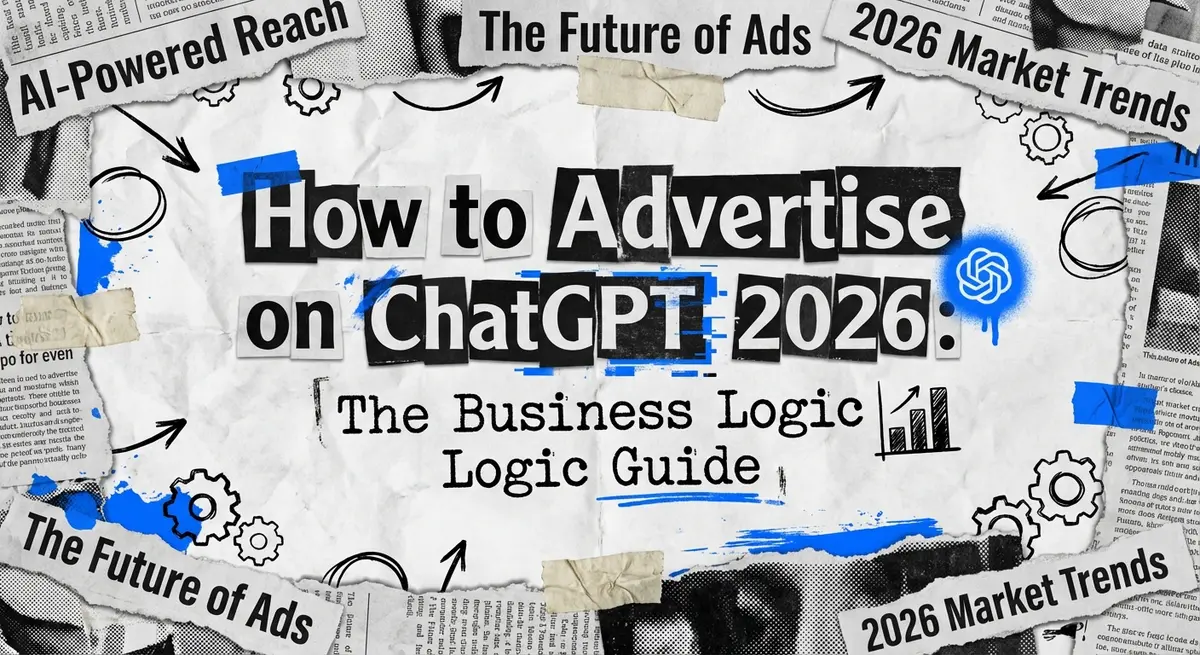 How to advertise on ChatGPT 2026 guide featuring torn paper collage art