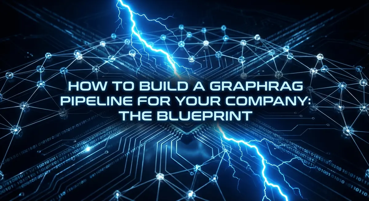 Abstract visualization of a GraphRAG pipeline with electric blue lightning connecting data nodes