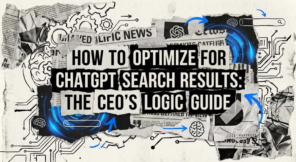 Torn paper collage featuring the text How to Optimize for ChatGPT Search Results with electric blue accents