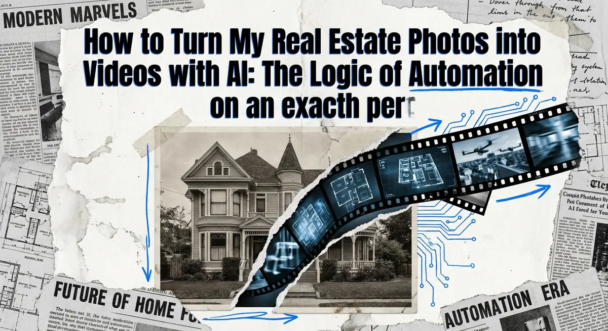 Artistic collage featuring the text How to Turn My Real Estate Photos into Videos with AI with a torn paper effect revealing digital video elements.