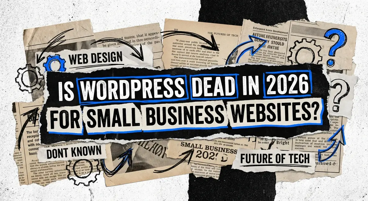Is WordPress Dead in 2026 for Small Business Websites? represented in a torn paper collage with #0066FF accents