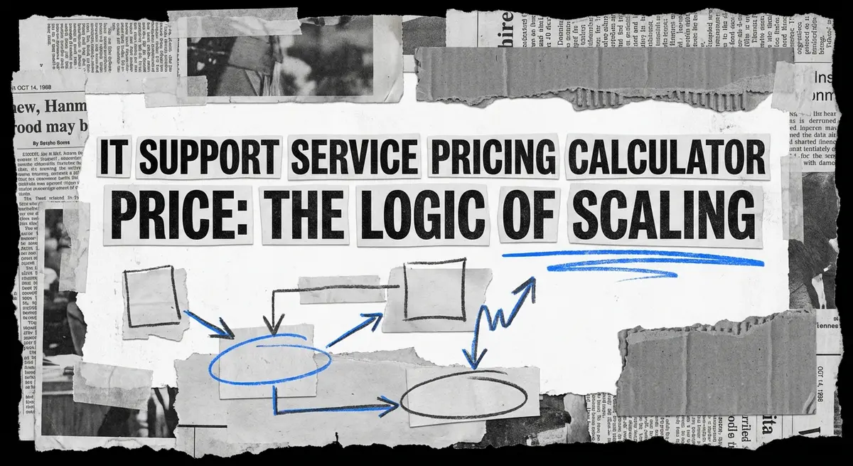 IT Support Service Pricing Calculator Price collage with torn paper and electric blue accents