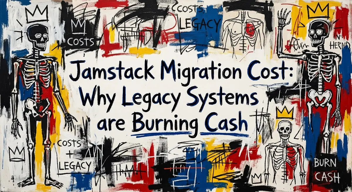 Basquiat-style art visualizing jamstack migration cost with legacy systems burning cash