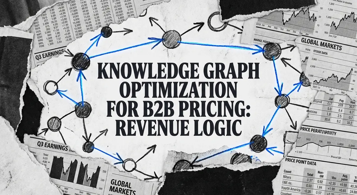 Knowledge graph optimization for b2b pricing illustrated with torn paper style connecting data nodes