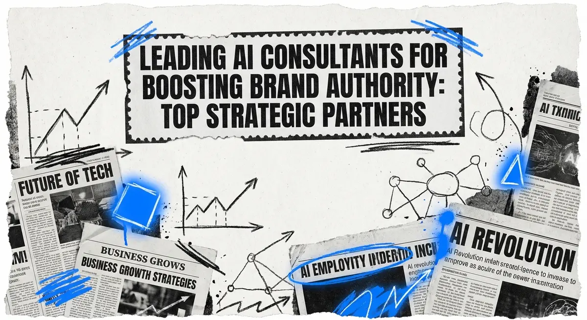 Leading AI consultants for boosting brand authority collage with torn paper and electric blue accents