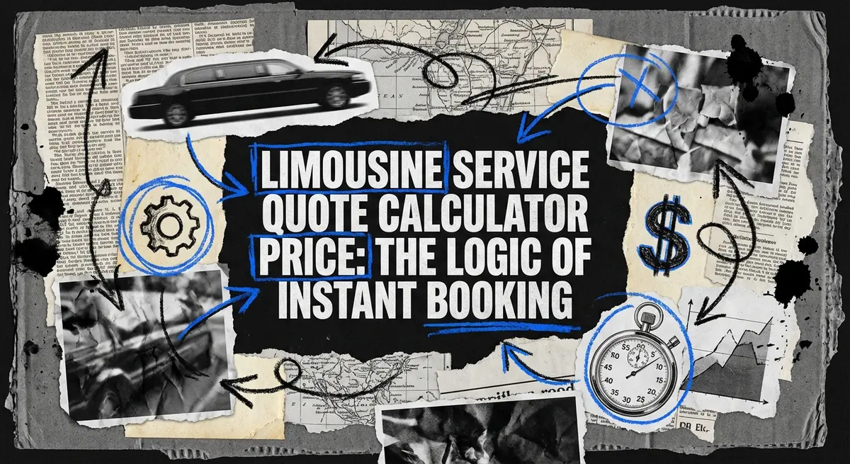 Limousine Service Quote Calculator Price concept art torn paper style with electric blue accents