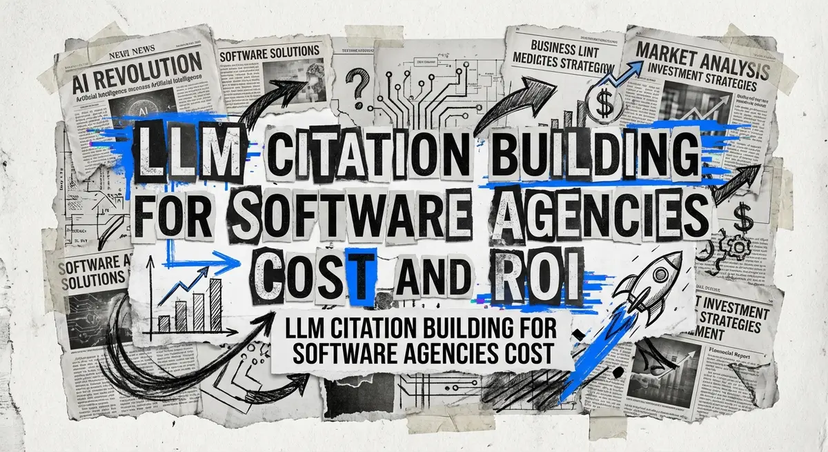 Torn paper collage featuring LLM citation building for software agencies cost concept with electric blue accents