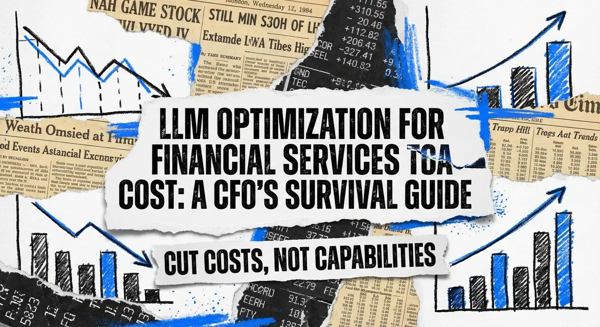 Torn paper collage featuring LLM optimization for financial services cost concepts with blue accents