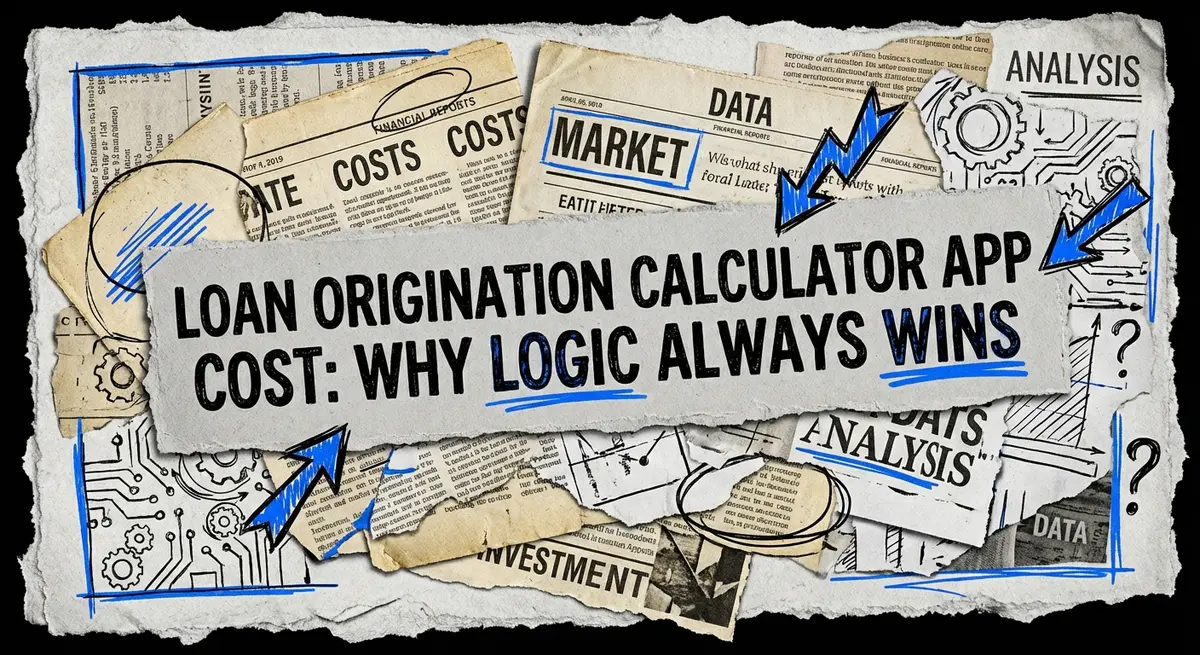 Artistic collage featuring the text Loan Origination Calculator App Cost with electric blue accents