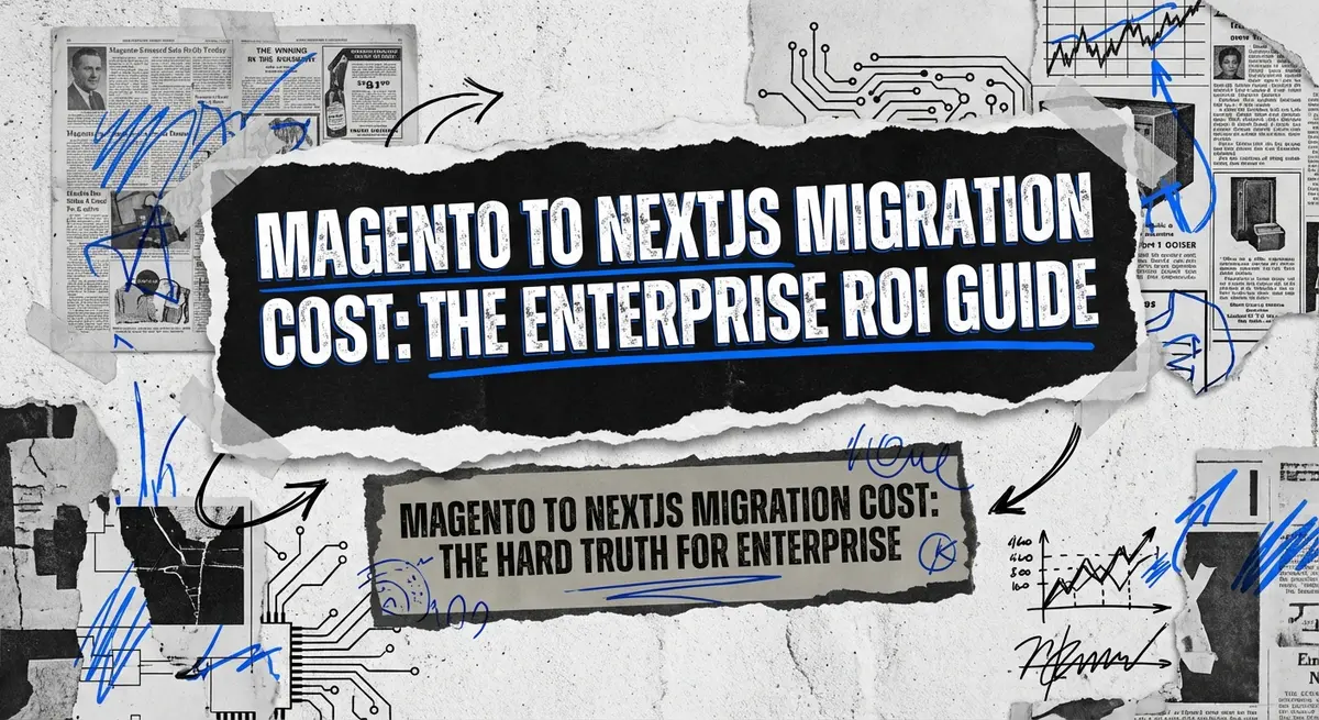 Magento to Nextjs migration cost torn paper collage with electric blue accents