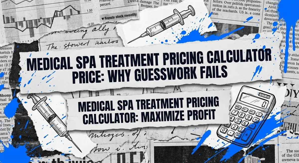 Medical spa treatment pricing calculator collage with electric blue accents showing profit growth