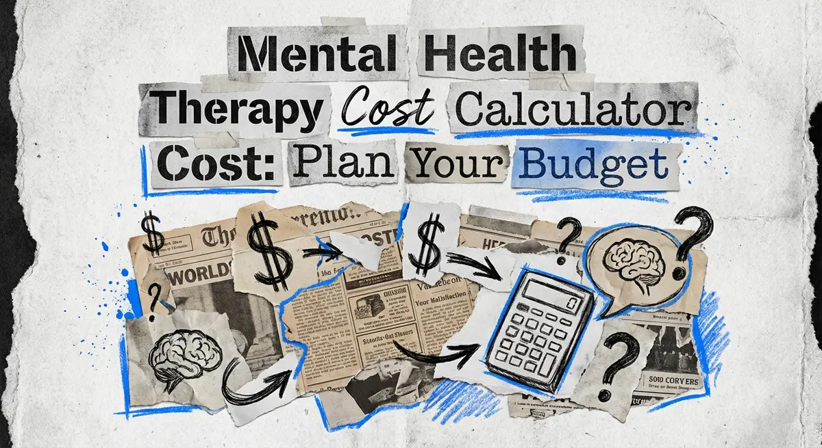 Mental health therapy cost calculator cost collage with torn paper and electric blue accents